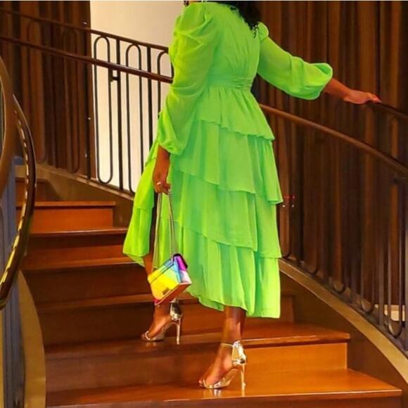 MAC DUGGAL GREEN APPLE RUFFLE TIERED LONG SLEEVE DRESS size 16 NWOT - Picture 4 of 9